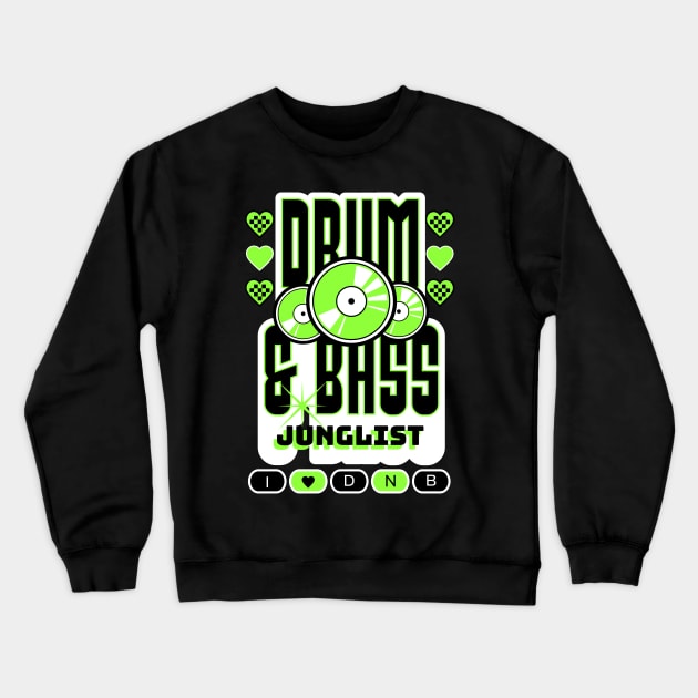 DRUM AND BASS  - 3 Records & Hearts Logo (White/Lime) Crewneck Sweatshirt by DISCOTHREADZ 